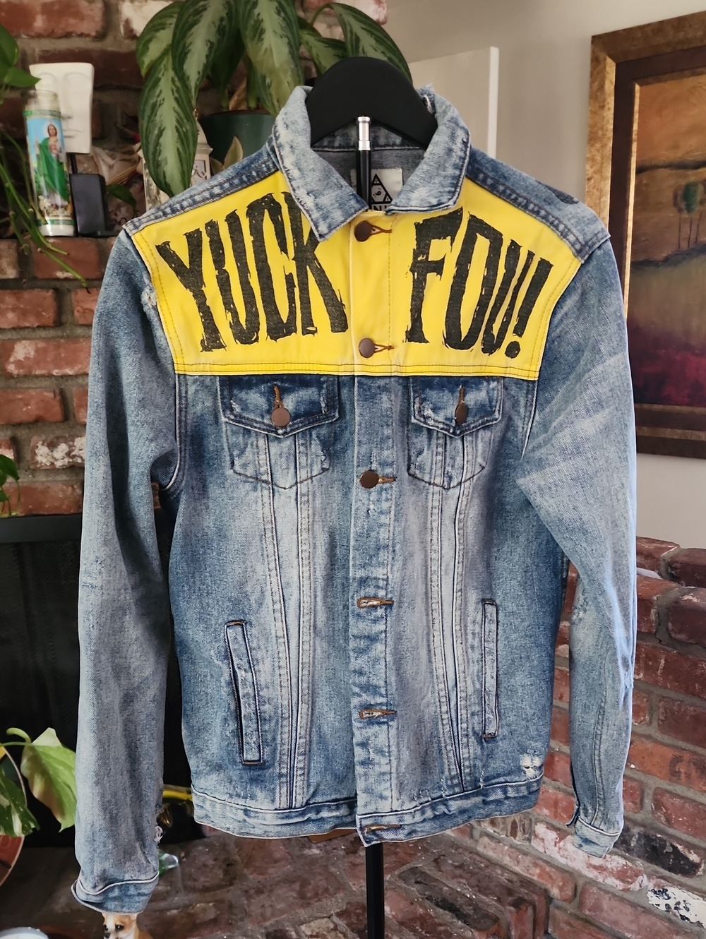 UNIF YUCK FOU Graphic Denim Trucker Jacket Blue Yellow Punk Grunge Size S